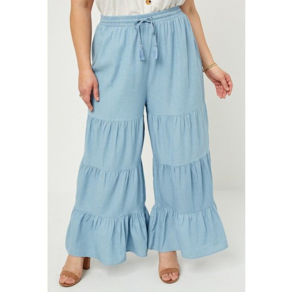 Plus Size Boho Chambray Denim Wide Leg Pants - Picture 3 of 5